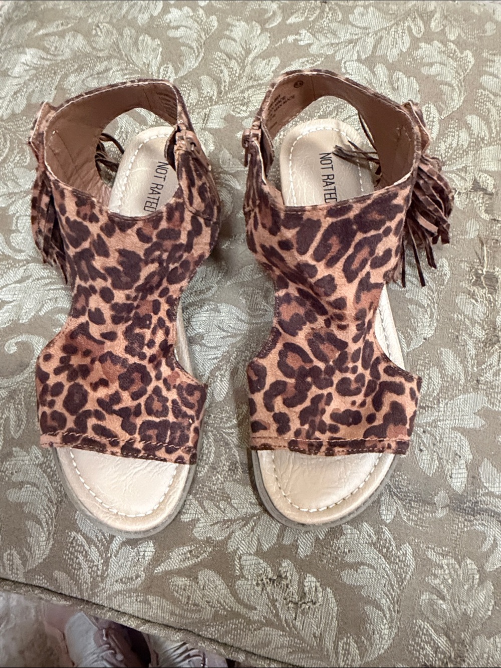 Not Rated Leopard Print Fringe Sandals in Brown and Tan